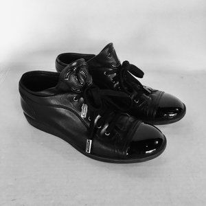 Chanel Black Lambskin & Patent Leather Lace Up Cap Toe Sneakers